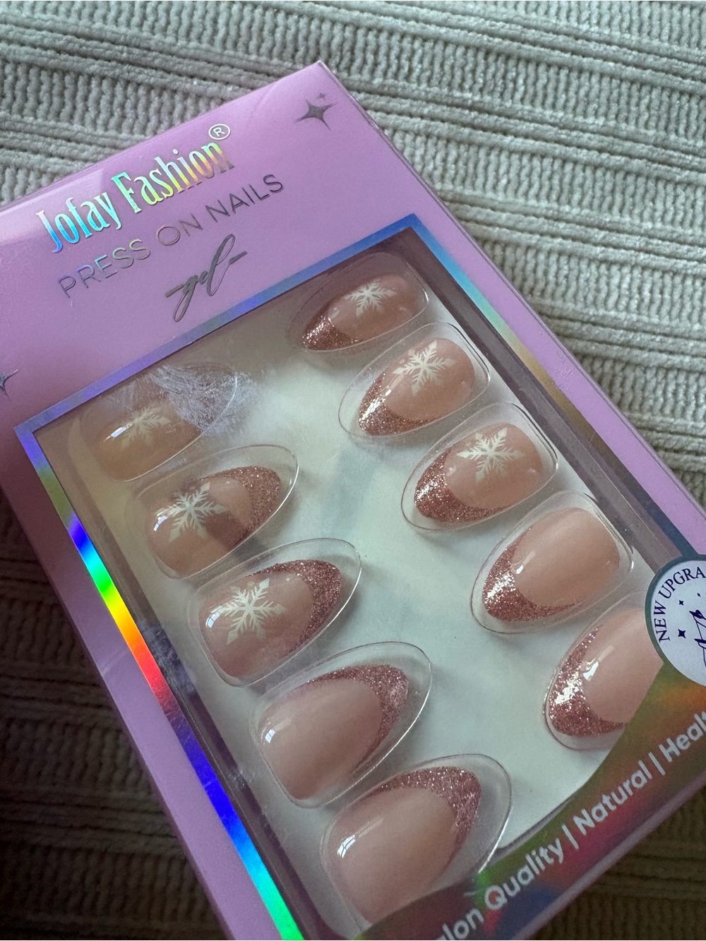 Jofay Fashion Pink Glitter Tip Press-On Nails with Snowflake Accent